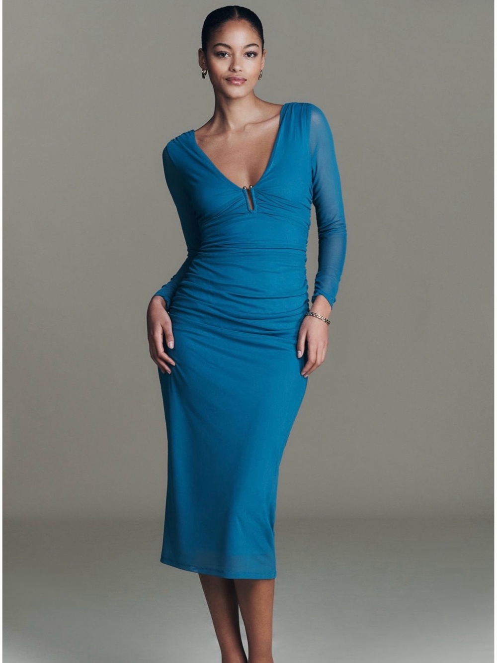 Anthropologie by Anthropologie Lagoon Blue Ruched Midi Dress